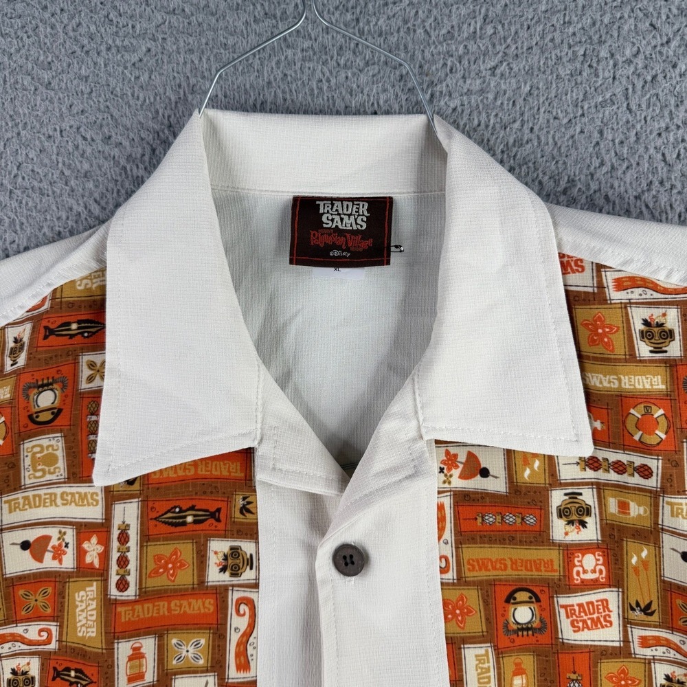 Disney Button Up Shirt Mens XL White Orange Trader Sams Camp Polynesian Village